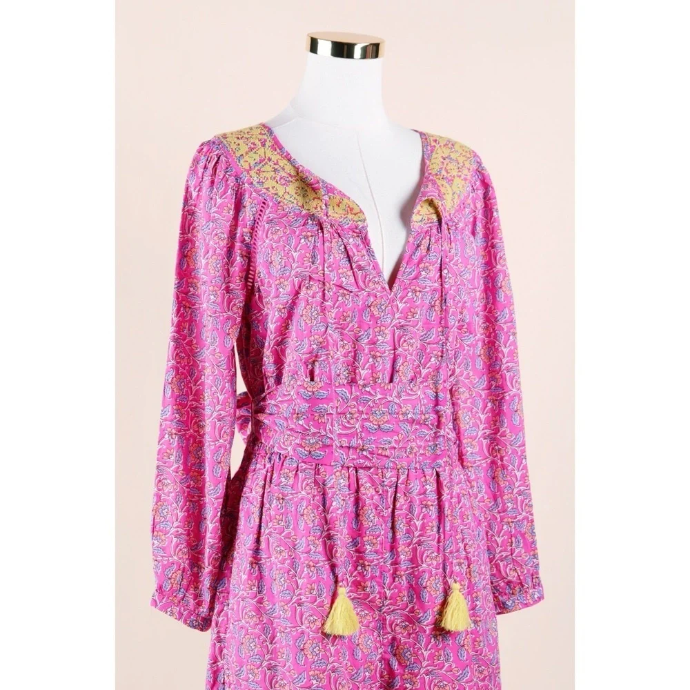 Sz 2 J. Crew Cotton Embroidered Tie Waist Romper In Pink Vines Block Print EUC